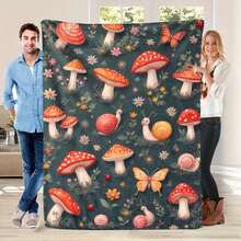 Cozy All-Season Soft Lightweight Flannel Throw Blanket With Snail & Mushroom Pattern - Red Contemporary Bedspread For Couch, Sofa, Bed - Machine Washable Bed Cover, Warm Decorative Accent For S &, Modern Home Decor In Red - 黑色 - 查看 2