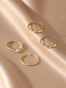GEREIT 4pcs Minimalist Exquisite Gold-Tone Copper Micro-Inlaid AAA Zirconia Ring Set, Suitable For Ladies, Friends, Daily Wear, Mother's Day Gift - Gold - View 3