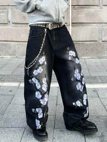 1pc Casual Loose Fit Embroidered Wide Leg Jeans, American Street Style, Comfortable Cotton Denim Pants, No Belt & Accessories - 黑色 - 查看 7