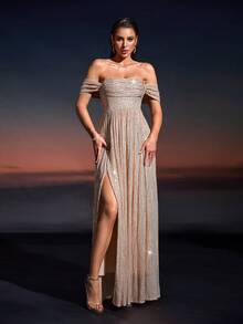 Women's Sexy Off-Shoulder Ruffle Waist Slit Maxi Party Dress, Bridesmaid Dress Women's Elegant Autumn Fashion Long Dress Women's New Year's Eve & Christmas Long Dress - Apricot - View 6