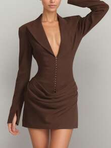 Sexy Casual Brown Knitted Fabric Long Sleeve Mini Dress For Women With Button Front And Plicated Detailing - Brown - View 5