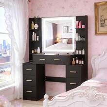 Large Black Dressing Table With Smart LED Mirror 7 Drawers Makeup Vanity Desk UK - Black - View 7