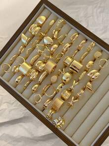 15pcs/Set Assorted Fashionable Thick Asymmetric Geometric Metal Rings Set For Women, Suitable For Daily Matching