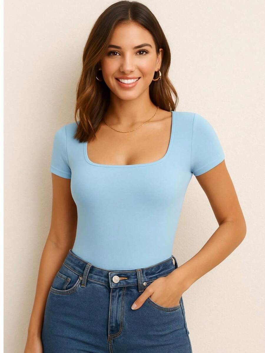Body Feminino Suplex com Decote Quadrado  Casual  elegante - Azul bebê - Visão 1