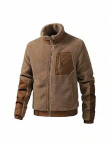 Men's Oversized Vintage Streetwear Loose Casual Fleece Jacket - Camel - View 3