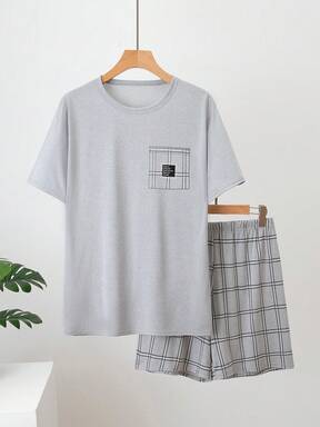 مجموعة بيجامة رجالية خفيفة الوزن، قميص كم قصير وشورت، مخطط مربعات كم قصير وشورت مجموعة ملابس منزلية كاجوال، قطعتان