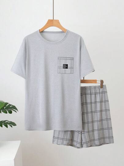 2pcs Men's Lightweight Pajama Set, Short Sleeve & Shorts, Plaid Striped Short Sleeve & Shorts Casual Loungewear Set