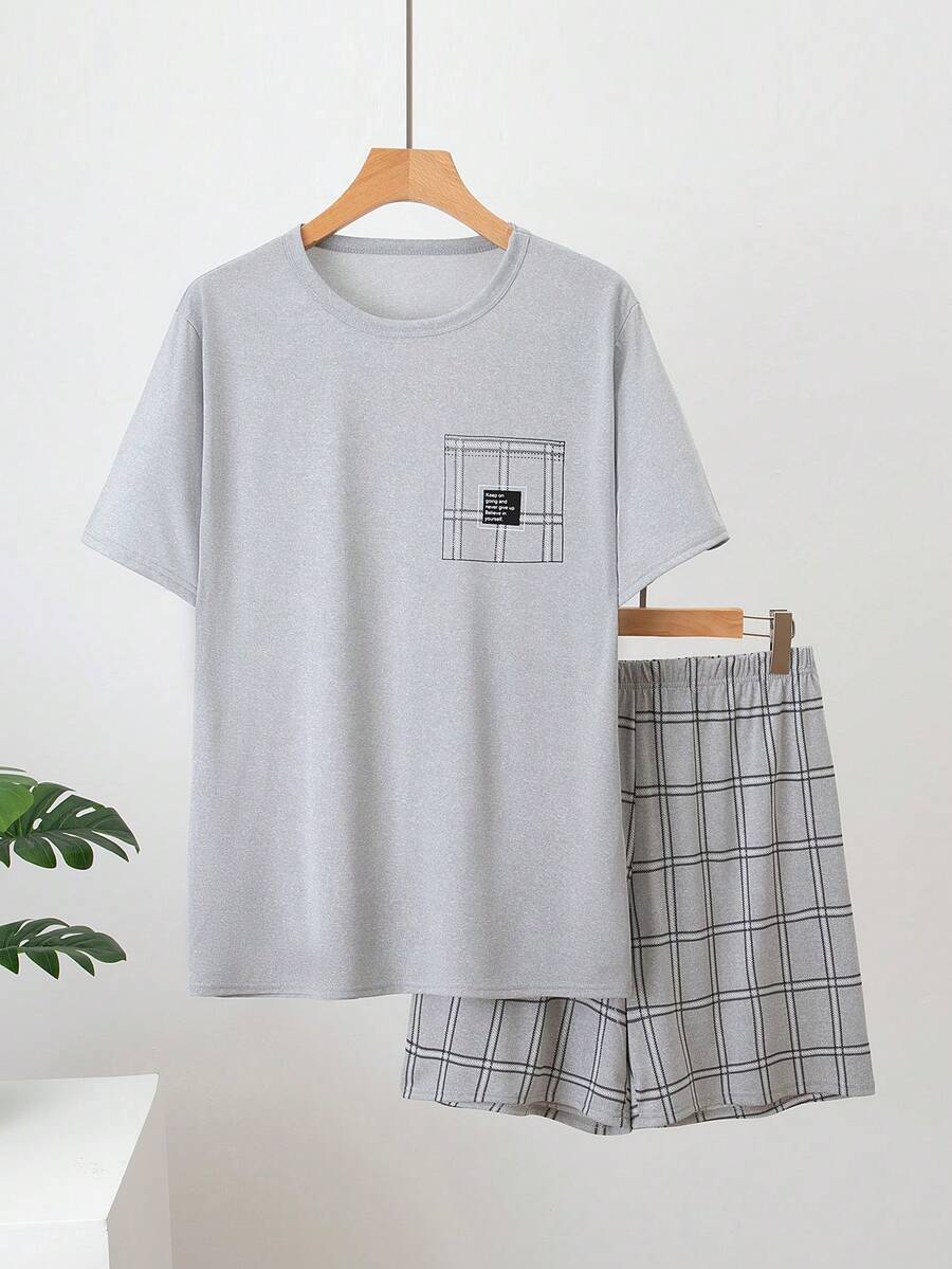 男士轻薄睡衣套装（两件套），短袖短裤，格子条纹短袖短裤休闲家居服套装