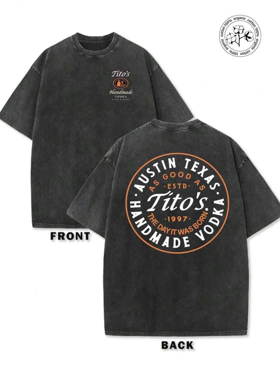 230g Washed And Used T-Shirt, Front Tito's HandmadeVodka Logo, Back With "AUSTIN TEXAS Tito'sHANDMADE Vodka" Circular Text And Brand Logo, Tito'sVodka Theme - màu đen - Xem 1