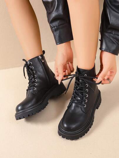 Women's Hiking Boots, New Thick Sole Side Zipper, Front Lace-Up Mid-Calf Motorcycle Short Boots, Outdoor Casual Fashion Versatile Boots, Autumn/Winter