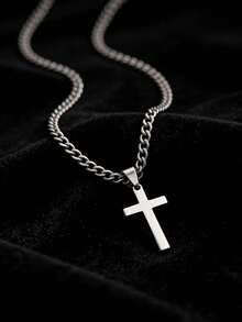 1pc Classic Silver Stainless Steel Cross Pendant Necklace, Party Decoration Accessory, Children's Jewelry Accessory, Religious Accessory - Silver - View 5