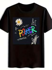 Camiseta de poliéster negra para hombres, cuello redondo casual, gráfico colorido 'Power' con margarita. Corona; Diseño de corazón; Transpirable; Lavable a máquina; Top de moda de verano - Negro - Ver 7