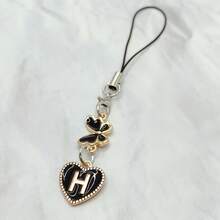 1pc Metal Heart & English Letter A-Z Pendant Phone Lanyard, Black Vintage Style A-Z Letter & Elegant Butterfly Phone Charm
