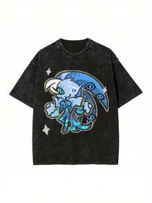 Men Shirts Men & Women'S Vintage Washed T-Shirts - Cookie Run Kingdom Graphic, Loose Fit Cotton Tees With Blue & White Design, Casual Streetwear For All Seasons, Casual Wear| Graphic Tee| Comfortable Fit, Vintage T Shirts Men Clothes - màu đen - Xem 15