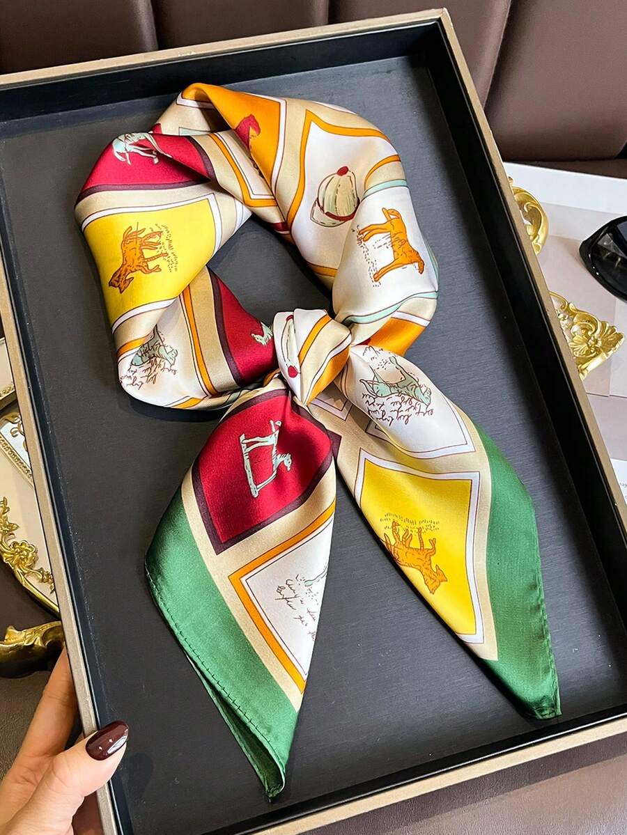 1条优雅格子马图案27.6英寸方形围巾，女士头巾，多功能领带，时尚头巾，防晒披肩 - 彩色 - 查看 1