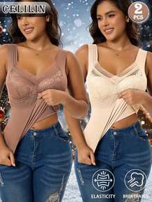 2pcs Lace, Deep Velvet, Warm Underwear For Women, Velvet-Lined And Thickened. Comes With Built-In Padding, No Need For A Bra, Double-Sided Velvet, Autumn And Winter Styl, Soft And Comfortable Sleeveless V-Neck Tops.Daily Wear, Thermal Set Women - Multicolor - View 8