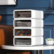 4 Tier Desk Organiser Drawers Stackable White Desktop Drawers Storage Plastic Make Up Desk Storage Box With 5 Drawers For Home Collection Makeup Office Supplies - White - View 1