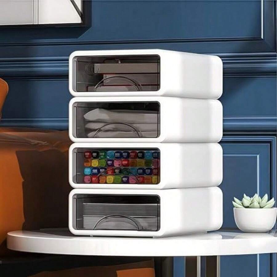 4 Tier Desk Organiser Drawers Stackable White Desktop Drawers Storage Plastic Make Up Desk Storage Box With 5 Drawers For Home Collection Makeup Office Supplies - White - View 1