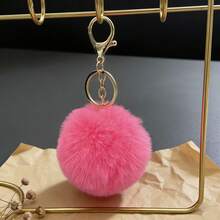 1 pièce Pompon de fourrure de lapin faux de 8 cm, porte-clés boule de fourrure de couleur unie pour vêtements, sacs, accessoires - Blanc - Voir 10