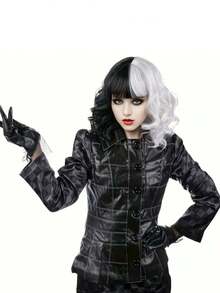 1 件装 / 女士时尚黑白阴阳卷发假发，中长款，非常适合各种节日服装角色扮演。