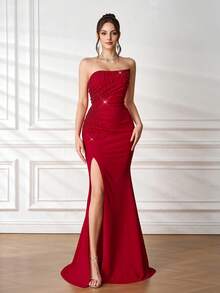 Elisanya 浪漫红色无袖露肩长款正式晚礼服，优雅礼服，适合婚礼、宴会、宾客等场合，露肩设计，饰有串珠和开衩，魅力十足，适合婚礼、伴娘、周年纪念、新年、情人节派对等场合。 - 紅色 - 查看 7