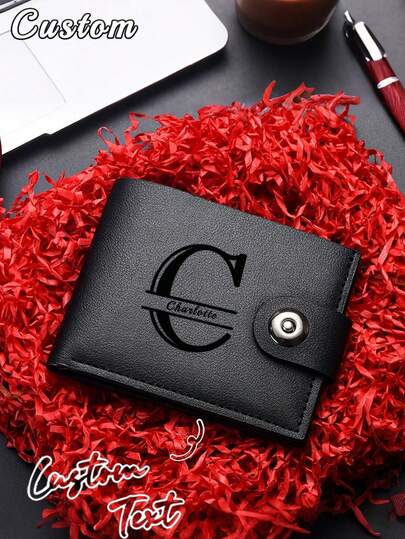 Billetera plegable de hombre de unicolor con estampado de letras, hecha de cuero PU, diseño minimalista de múltiples tarjetas, personalizable, regalo ideal para hermano, padre, novio, aniversario, Día del Padre, Navidad, Día de San Valentín