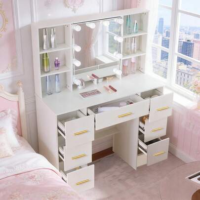 10 LED Lights White Makeup Dresser Desk 7 Drawers Vanity Table Set With Mirror - Perfect For Organizing Makeup, Skincare, Elegant Vanity|Decorative Vanity, Vanity Furniture, Compact For Small Space, Bedroom Decor Gift , Suitable For Christmas And Halloween Decorations