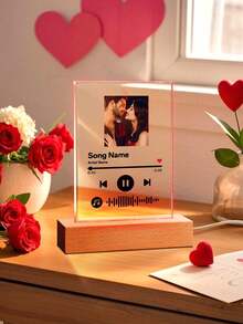 1pc Custom Music LED Night Light, Custom LED Music Plaque, Personalized Led Lamp With Picture And Wooden Base, Personalized Song Acrylic Plaque, Custom Picture Song Lamp, Music Photo Plaque Gift, Light Up Music Plaque, Valentines Gift, Couple Gift, First Wedding Anniversary Gift - Classic - Base B (Seven Color Light) - View 3