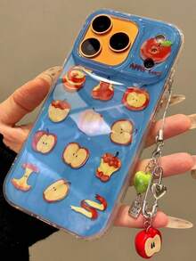 New Fashion Oil Painting Red Apple Pendant Phone Case Compatible With IPhone 17 Pro Max 16 15 14 13 12 Pro Max 14 Plus 15 Plus 16 Plus 17 15 16 11 Summer Lovely Fruit Shockproof Blue Back Cover Shell - Blue Background Grid - View 1