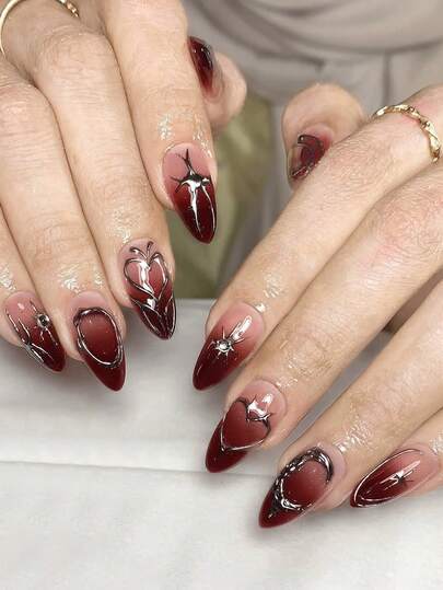 10片情人节心形亚克力美甲片，银色镀铬全息中号杏仁形按压式美甲片，Y2K红色渐变3D立体假指甲套装，饰有金属镀铬/星星/水钻装饰，适合美甲沙龙、女孩和女士日常佩戴、节日、派对和礼品包装