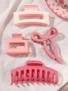 4个ABS材质可爱简约粉色蝴蝶结爪形发夹套装，百搭女孩秋冬发饰时尚爪夹优雅发爪 - 4件組-玫粉色系 - 查看 2