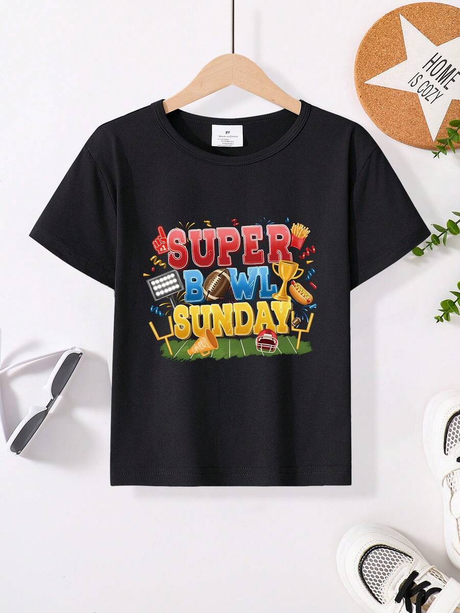 Young Boys' Football Game Day Slogan Graphic Print Short Sleeve T-Shirt - Black - View 1