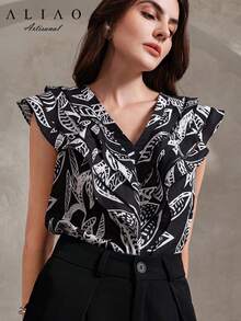 Elegant Ruffle Collar Blouse, New Leaf Print, Women's Shirt, Summer Top, Ruffle Hem Blouse, Summer Shirt, Casual Women's Wear, Dignified Top, Women's Summer Clothing - Black and White - View 4