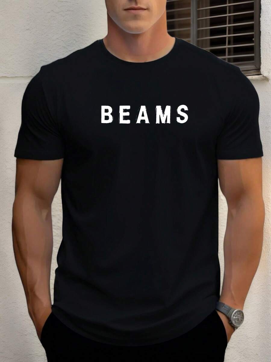 Chemise décontractée à motif BEAMS pour hommes - Chemise d'été à col rond à manches courtes. Bleu clair avec lettrage blanc audacieux. Coupe regular pour un port décontracté. Chemise au design simple. - Noir - Voir 1