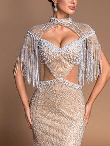 Elegant Long Party Dress With Embellished Pearls, Women's Sleeveless Tassel Hollow Strapless Choker Neck Mermaid Gown, Formal Evening Dress For Red Carpet, Gala, Wedding, Bridesmaid - 香檳色 - 查看 3