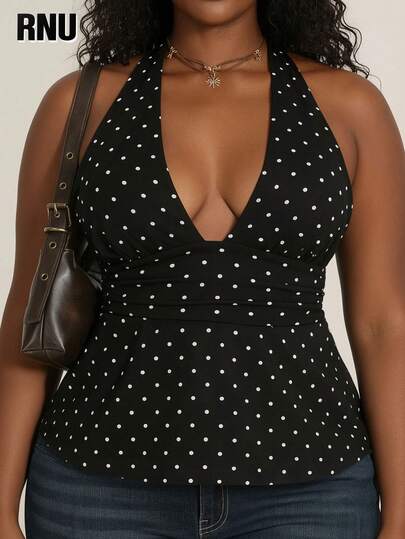 RNU Plus Size Women Elegant Casual Y2K Sexy Retro Polka Dot Contrast Color Knit Fabric Backless Tie-Up Back Elastic Office School Date Birthday Party Daily Home Single Party Back To School Travel Country Music Festival Airport Outfit Camisole, Suitable For Spring, Summer, Autumn, Winter
