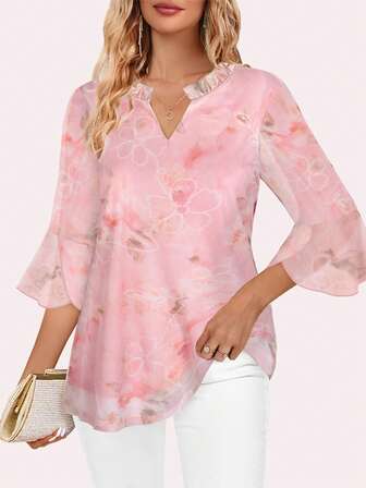 CheersLife Women's Fashion Double-Layer Mesh Blouse, 3/4 Ruffle Flare Sleeve Shirt