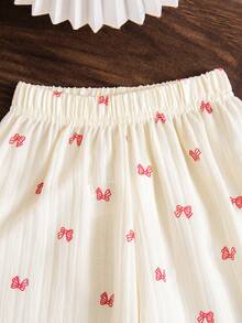 Young Girl' White Bow Collar Set, White Base With Red Bow Print, Elegant Collar Design, Long Sleeve Top + Pants, Suitable For Spring/Autumn School, Family Gatherings, Vacation, Showcasing Sweet And Gentle Girl Vibe. Spring/Summer. - Beige - View 6