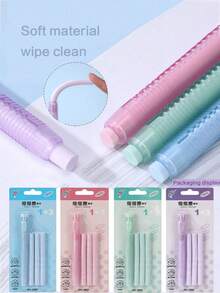Pressing Pen Design Eraser Set, 4PCS/Set(With 3 Replacement Fillers) Automatic Pressing Design Push-Pull Rubber Erasers, , Very Suitable For Students, Schools, And Offices To Use Back To School