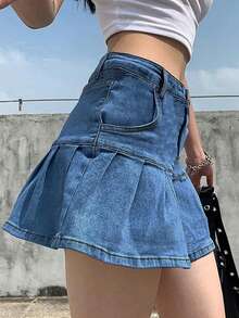 Music Festival Summer Casual Y2K Style Pleated Denim Mini Skirt - Medium Blue - View 5