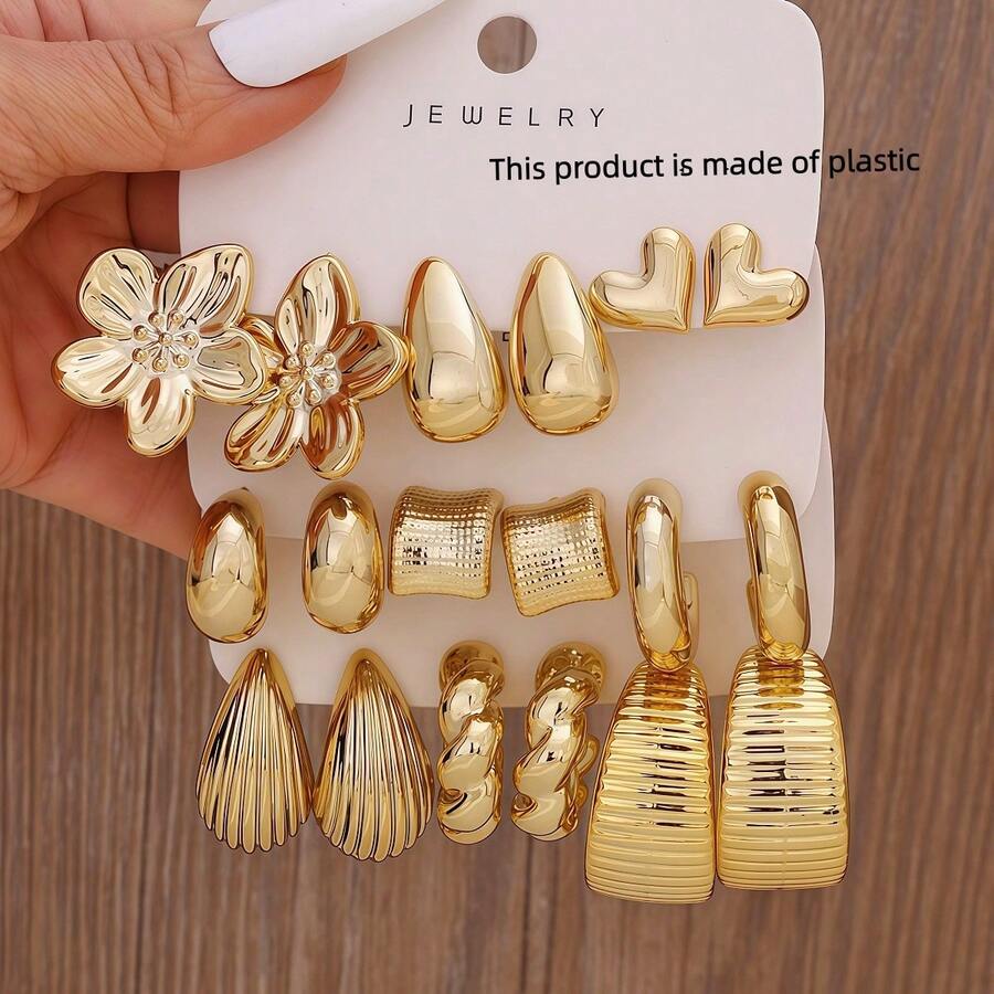 3-9对欧美时尚金色女士耳环套装，包含五瓣花朵串珠心形元素，复古百搭，让您美丽自信，适合女性日常宴会、约会、送礼（送给亲戚、朋友、姐妹的高品质礼物）、派对和玩乐场合。 - 金色5 - 查看 1