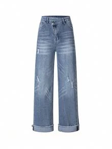 ARWY 修身休闲做旧交叉腰猫须水洗弹力紧身直筒牛仔裤，适合女士，优雅时尚，适合日常、节日、舞台表演、万圣节、返校、所有季节