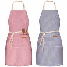 2 Pack Adjustable Bib Apron With 2 Pockets Chef CooFKing Kitchen Restaurant Aprons For Women Men,Blue/RedPinstripes - 藍/紅細條紋 - 查看 1