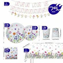 1 Set Floral & Butterfly Disposable Plates, Napkins, Cups, Tablecloth And Pennant Flags, Party Supplies Set For 16 Guests, Suitable For Birthday, Wedding, Theme Party, Family Picnic - Multicolor - View 2