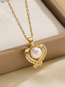 一套不锈钢链条立方氧化锆心形和仿珍珠吊坠项链耳环时尚首饰套装，百搭奢华优雅设计项链耳环首饰，礼品配饰