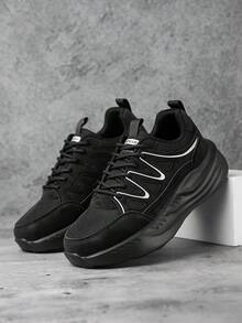 男士全黑拼接银线装饰网面舒适运动鞋，户外日常通勤休闲运动鞋 - 黑色 - 查看 3