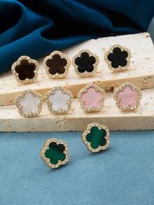 5 Pairs Fashionable, Elegant, Sweet Clover Flower Stud Earrings With Rhinestones, Suitable For Women - Multicolor - View 2