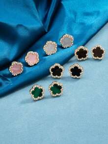 5 Pairs Fashionable, Elegant, Sweet Clover Flower Stud Earrings With Rhinestones, Suitable For Women - Multicolor - View 3