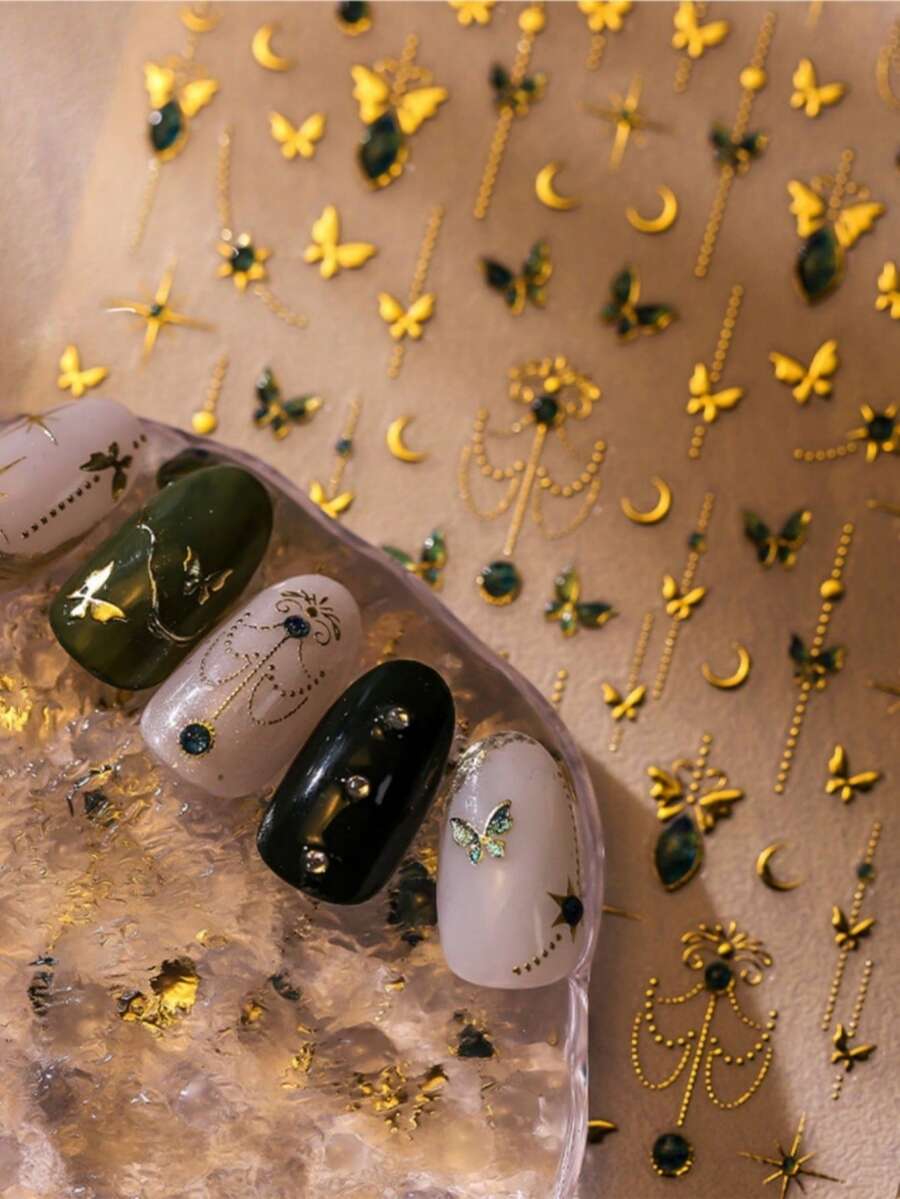 1 buc fluture verde fermecător cu folie aurie insecte fluturânde, stele și lună autocolante 5D pentru unghii mistice grădină cerească autoadezive artă pentru manichiură inspirată din natură pentru femei decorare