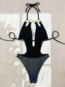 1 pieza Bikini circular de punto elegante y sexy con estilo bohemio y metálico, adecuado para la playa, viajes, citas, primavera/verano